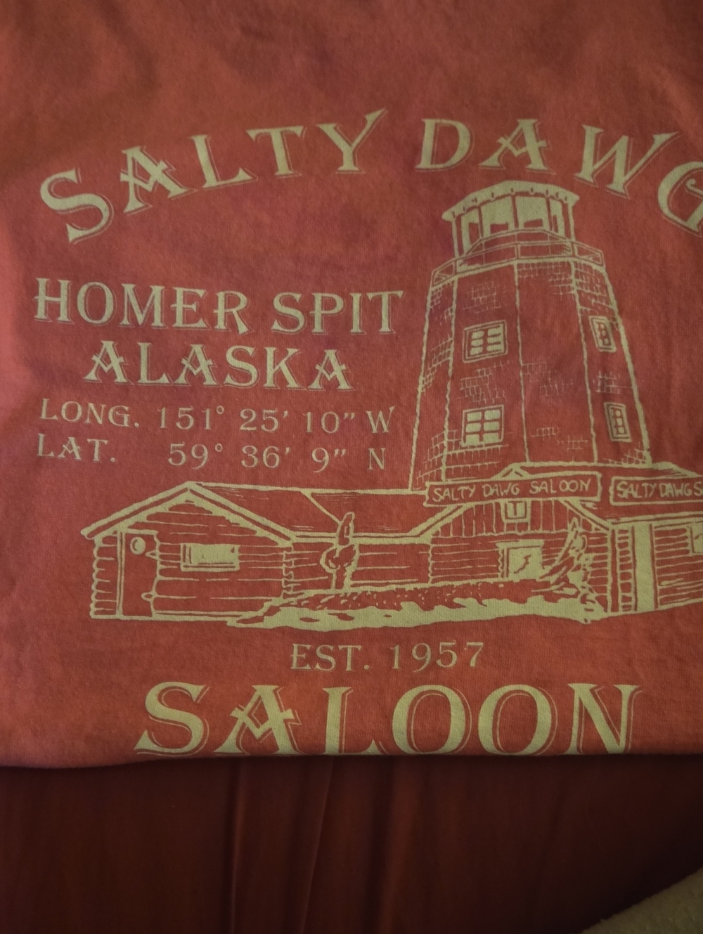 Salty Dawg Saloon Homer Spit Alaska Graphic Pink T Shirt. Medium. New